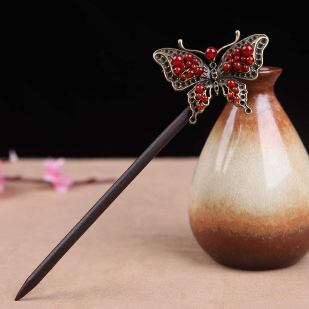 LIBERGA Wooden Hair Stick Red Beaded Butterfly Hair Chopsticks for Women Hair Accessories,Faux Crystal Beads Chopsticks Hairpin for Long Hair