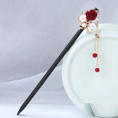LIBERGA Wooden Hair Sticks for Buns,2 Pack,Red Flower Hair Chopsticks Clips Pearl Tassel Hair Accessory Hairpin for Bride Wedding Hairstyle