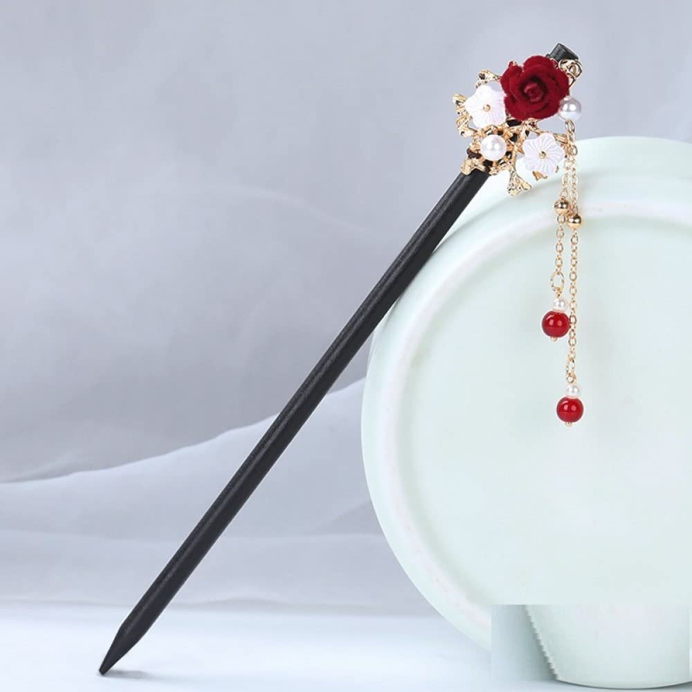 LIBERGA Wooden Hair Sticks for Buns,2 Pack,Red Flower Hair Chopsticks Clips Pearl Tassel Hair Accessory Hairpin for Bride Wedding Hairstyle