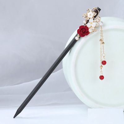 LIBERGA Wooden Hair Sticks for Buns,2 Pack,Red Flower Hair Chopsticks Clips Pearl Tassel Hair Accessory Hairpin for Bride Wedding Hairstyle