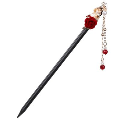 LIBERGA Wooden Hair Sticks for Buns,2 Pack,Red Flower Hair Chopsticks Clips Pearl Tassel Hair Accessory Hairpin for Bride Wedding Hairstyle