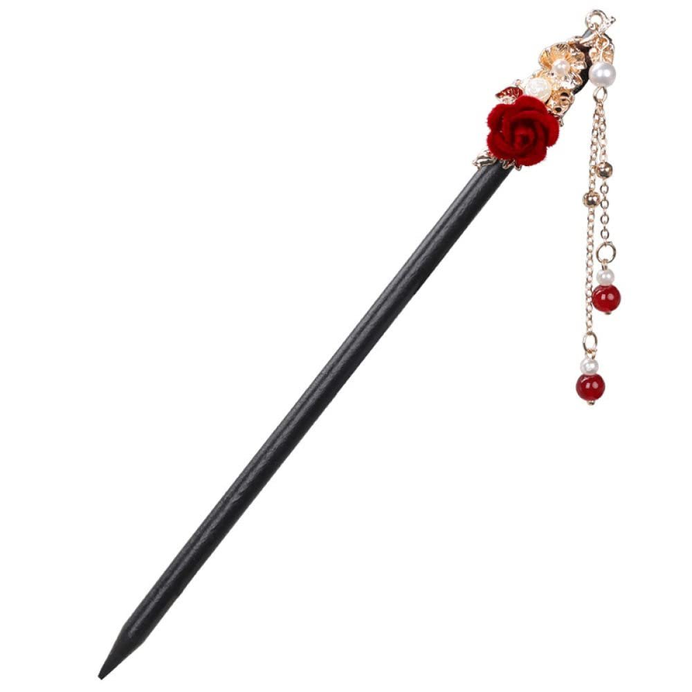 LIBERGA Wooden Hair Sticks for Buns,2 Pack,Red Flower Hair Chopsticks Clips Pearl Tassel Hair Accessory Hairpin for Bride Wedding Hairstyle