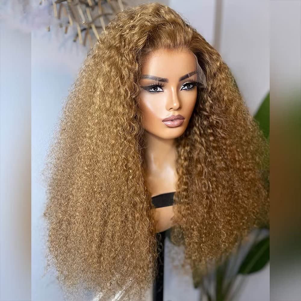 #27 Honey Blonde 13x4 HD Transparent Lace Front Human Hair Wigs 180% Density Brazilian Jerry Curly Remy Hair With Baby Hair Glueless Natural Hairline Bleached Knots for Women 24 Inch