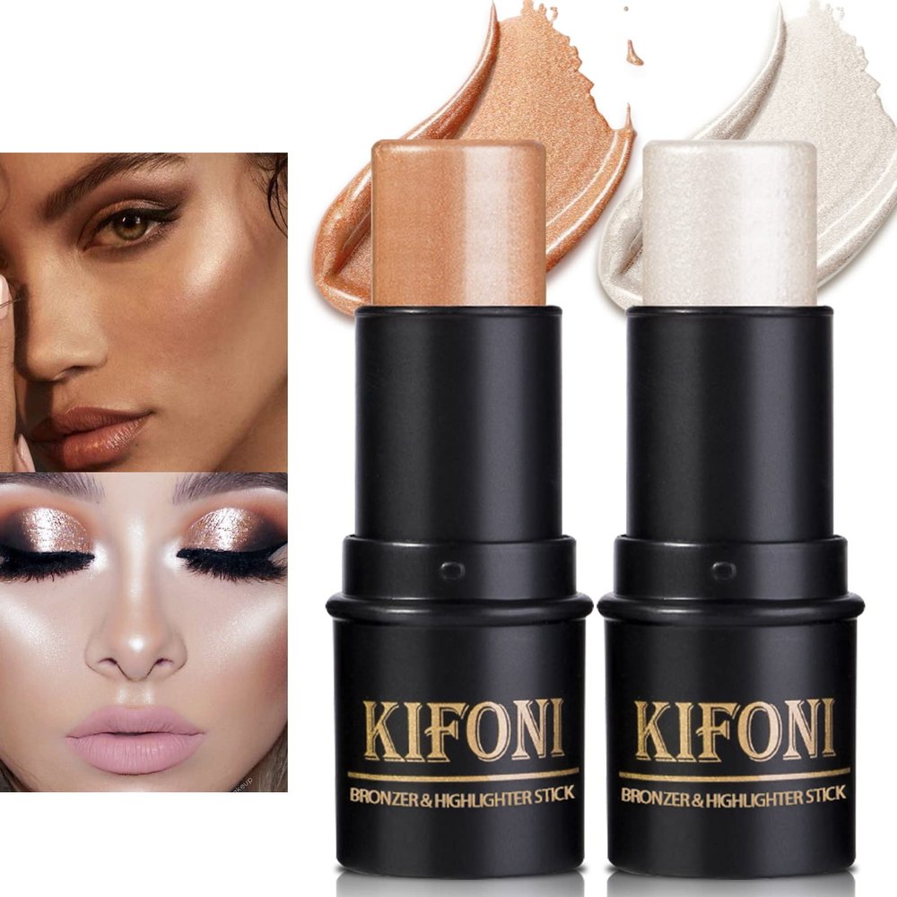 LSxia 2 Pcs Cream Contour Stick Makeup Kit, Cream Highlighter Stick & Contour Bronzer Stick for Cheeks, Lightweight Blendable Smooth -Highlighter (#03 Champagne Gold #06 Silver)
