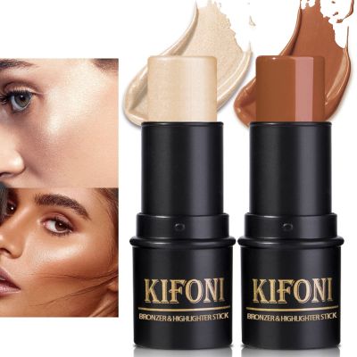 LSxia 2 Pcs Cream Contour Stick Makeup Kit, Cream Highlighter Stick & Contour Bronzer Stick for Cheeks, Lightweight Blendable Smooth -Highlighter & Bronzer (#05 Beige Gold #08 Brown)