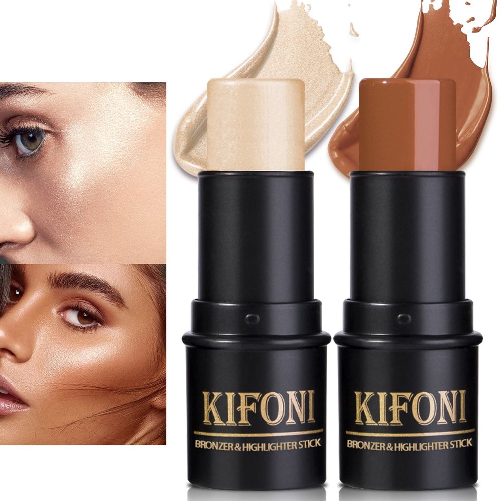 LSxia 2 Pcs Cream Contour Stick Makeup Kit, Cream Highlighter Stick & Contour Bronzer Stick for Cheeks, Lightweight Blendable Smooth -Highlighter & Bronzer (#05 Beige Gold #08 Brown)