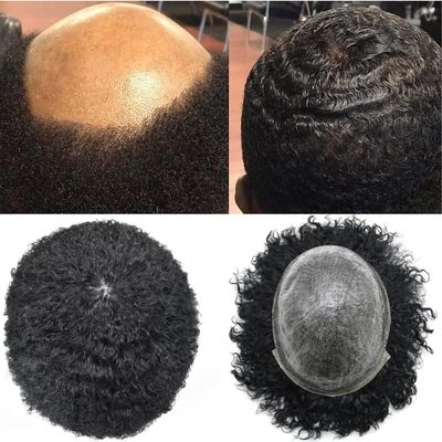 Afro Curl Toupee for Black Men Hair Pieces African American Mens Toupee Afro Kinky Curly Human Hair Replacement System Injected Full Poly Skin PU Man Hair Units Wigs Natural Weaves