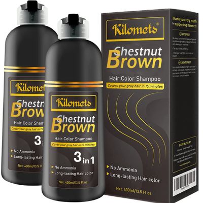 Kilomets Chestnut Hair Dye Shampoo 3 IN 1 - Hair Color Shampoo Grey Coverage in Minutes Ammonia Free Instant Coloring Gift for Mom Dad (Chestnut Pack 2)