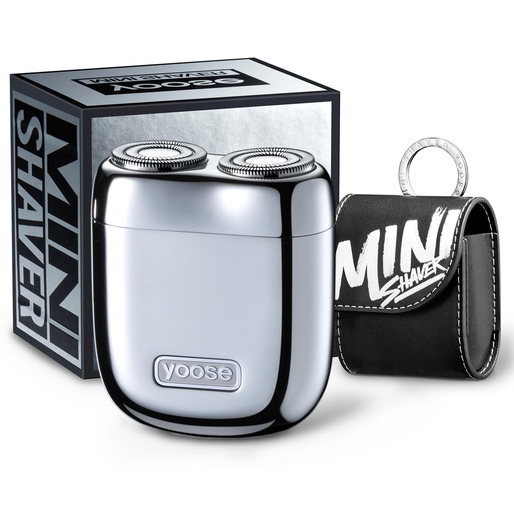 yoose Alloy Mini Shaver, Portable Electric Razor for Men, Waterproof, Dry Shave, Cordless 60 Mins Runtime, USB-C Rechargeable, Easy Cleaning Magnetic Detachable Head, Travel Shaver with Case, Silver