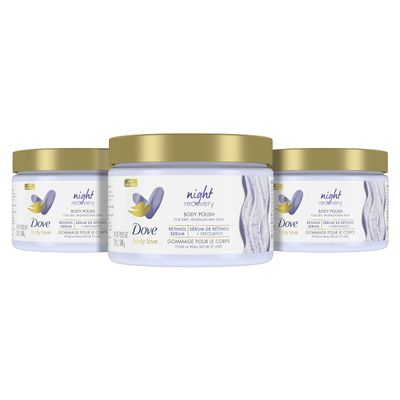 Dove Body Love Body Polish Night Recovery 3 Count for Dry, Worn-Down Skin, Body Scrub with Retinol and Botanical Oils for Silky, Smooth Skin 12 oz