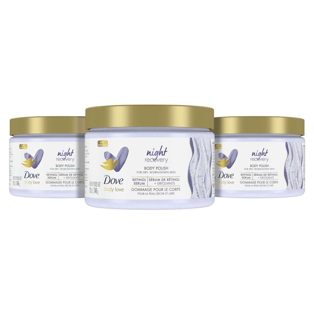 Dove Body Love Body Polish Night Recovery 3 Count for Dry, Worn-Down Skin, Body Scrub with Retinol and Botanical Oils for Silky, Smooth Skin 12 oz