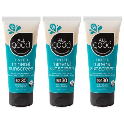 All Good Tinted Mineral Sport Sunscreen Lotion for Face & Body - UVA/UVB Broad Spectrum, SPF 30, Coral Reef Friendly, Water Resistant, Coconut Oil, Jojoba Oil, Shea Butter, Aloe (3 oz)(3-Pack)