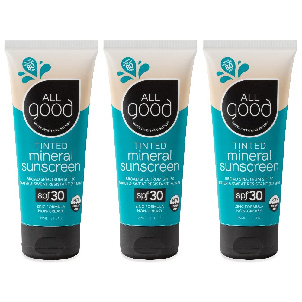 All Good Tinted Mineral Sport Sunscreen Lotion for Face & Body - UVA/UVB Broad Spectrum, SPF 30, Coral Reef Friendly, Water Resistant, Coconut Oil, Jojoba Oil, Shea Butter, Aloe (3 oz)(3-Pack)