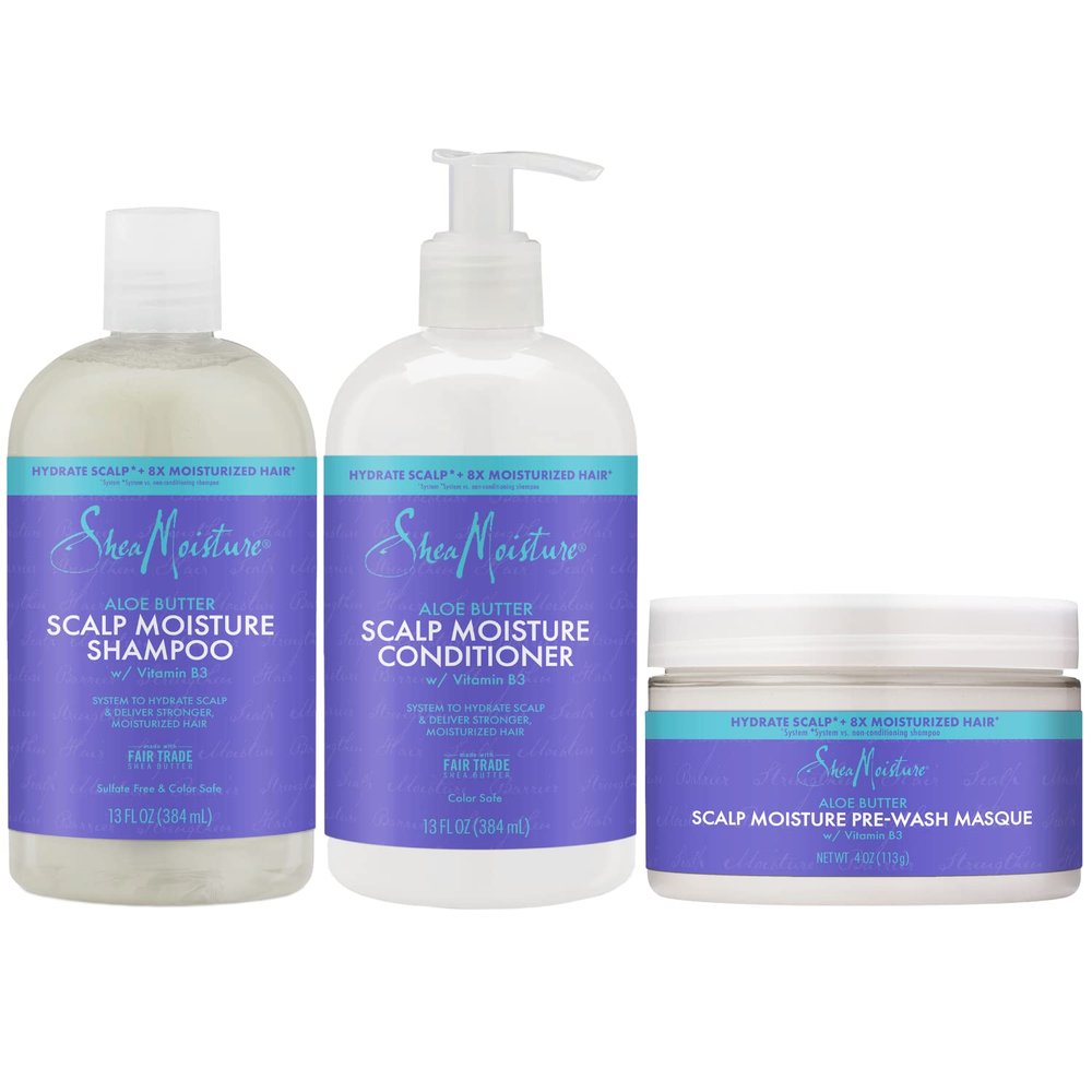 SheaMoisture Dry Scalp Care Trio: Aloe Butter & Vitamin B3 Shampoo (13 Oz), Conditioner (13 Oz), and Pre-Wash Masque (4 Oz) with Shea Butter