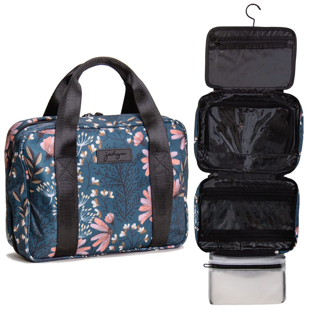 Jadyn Hanging Toiletry Bag, Expandable Toiletry Organizer for Women, Water Resistant Large Travel Cosmetic Bag for Full Size Makeup, Toiletries, Lotion, Shampoo, Accessories (Navy Floral)