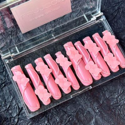 FRUJCDKI handmade Press-on nails, extra long XXXL coffin press-on nails pink cute bear Valentine's Day nails fake nails with nail glue (Pink Bear-M)