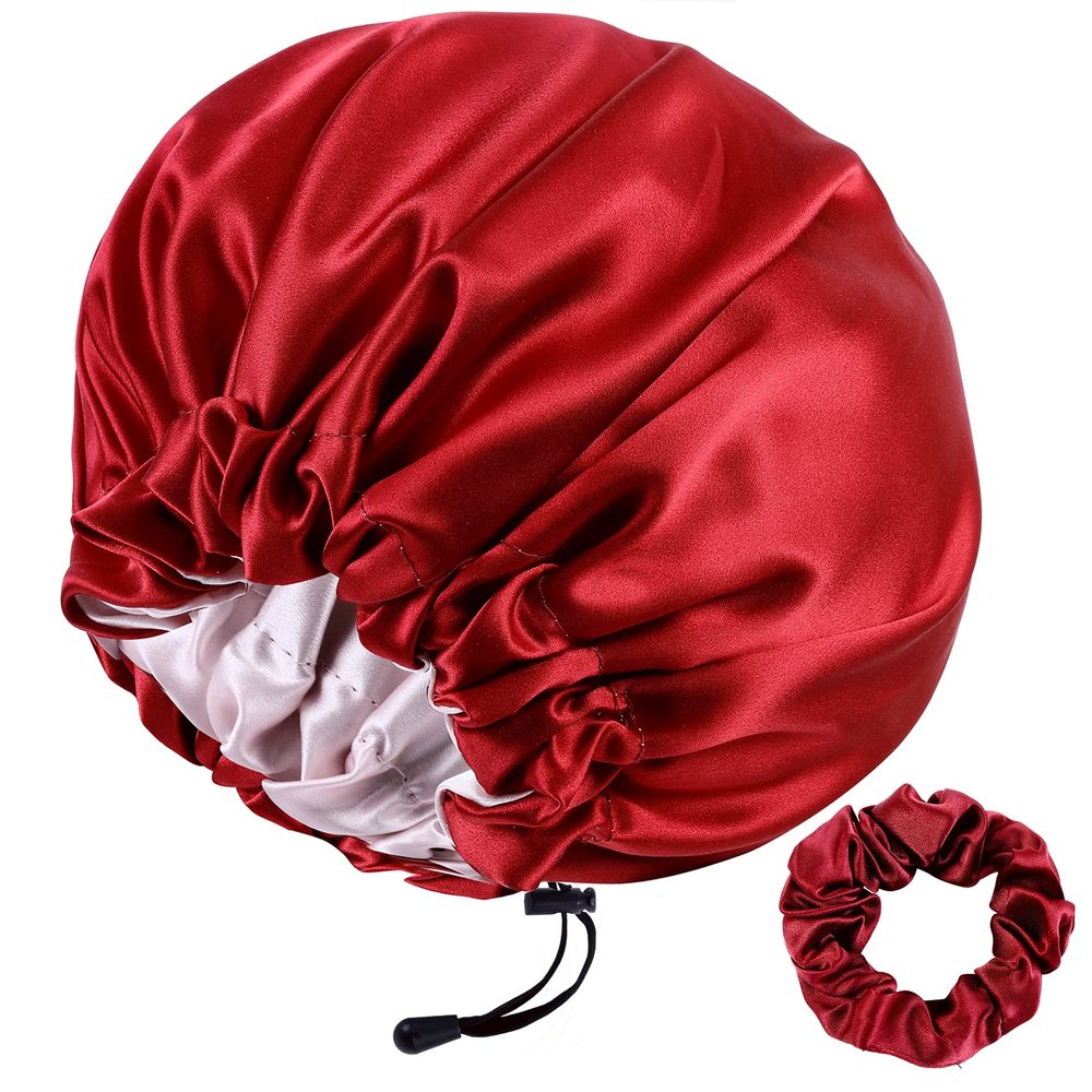 22 Momme 100% Mulberry Silk Bonnet Hair Wrap for Sleeping, Adjustable Silk Scrunchies Sleep Cap for Women Men Hair Care, Head Scarf Night Caps with Elastic Stay On Head, 1Pc(Burgundy,Pink)