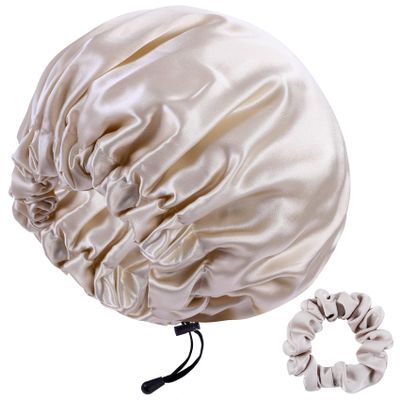 RedJoe 22 Momme 100% Mulberry Silk Bonnet Hair Wrap for Sleeping, Adjustable Silk Scrunchies Sleep Cap for Women Men Hair Care, Head Scarf Night Caps with Elastic Stay On Head, 1Pc(Beige,Beige)