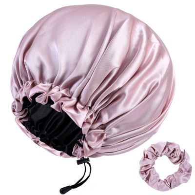 RedJoe 22 Momme 100% Mulberry Silk Bonnet Hair Wrap for Sleeping, Adjustable Silk Scrunchies Sleep Cap for Women Men Hair Care, Head Scarf Night Caps with Elastic Stay On Head, 1Pc(Blush Pink,Black)