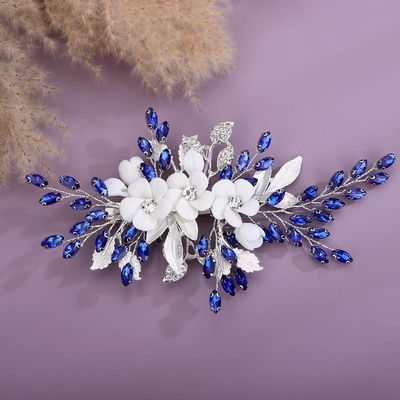 Teyglen Bridal Wedding Flower Rhinestone Hair Clip Hairpin Floral Blue Crystal Leaf Hair Barrette Handmade Wedding Hair Piece Hair Accessories for Women Bride Girls (Blue)