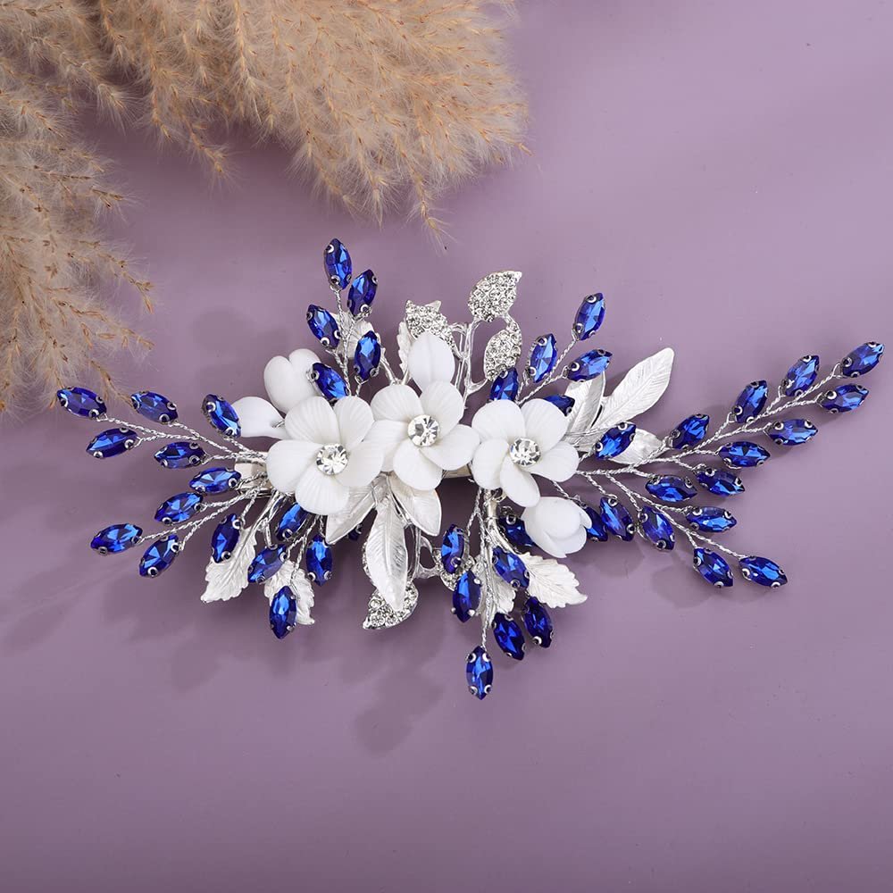 Teyglen Bridal Wedding Flower Rhinestone Hair Clip Hairpin Floral Blue Crystal Leaf Hair Barrette Handmade Wedding Hair Piece Hair Accessories for Women Bride Girls (Blue)