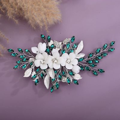 Teyglen Bridal Wedding Flower Rhinestone Hair Clip Hairpin Floral Green Crystal Leaf Hair Barrette Handmade Wedding Hair Piece Hair Accessories for Women Bride Girls (Green)