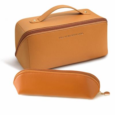 BOXTOHEART 2 Pack Portable Make Up Bag, Large Capacity Travel Cosmetic Bag, PU Leather Double-layered, Waterproof Portable Cosmetic Face Brushes Holder for Skin Care Kits Cosmetics Toiletries (Brown)