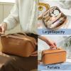 BOXTOHEART 2 Pack Portable Make Up Bag, Large Capacity Travel Cosmetic Bag, PU Leather Double-layered, Waterproof Portable Cosmetic Face Brushes Holder for Skin Care Kits Cosmetics Toiletries (Brown) view 3
