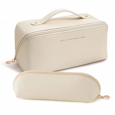 BOXTOHEART 2 Pack Portable Make Up Bag, Large Capacity Travel Cosmetic Bag, PU Leather Double-layered, Waterproof Portable Cosmetic Face Brushes Holder for Skin Care Kits Cosmetics Toiletries (White)