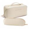 BOXTOHEART 2 Pack Portable Make Up Bag, Large Capacity Travel Cosmetic Bag, PU Leather Double-layered, Waterproof Portable Cosmetic Face Brushes Holder for Skin Care Kits Cosmetics Toiletries (White) view 1
