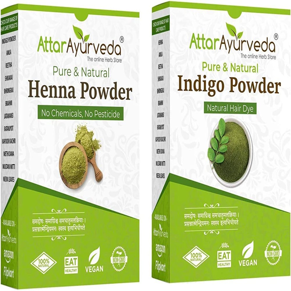DRUNKLINE Attar Ayurveda Natural Dye for Black Hair (Henna Leaves Powder, Indigo Leaves Powder 2 in1)