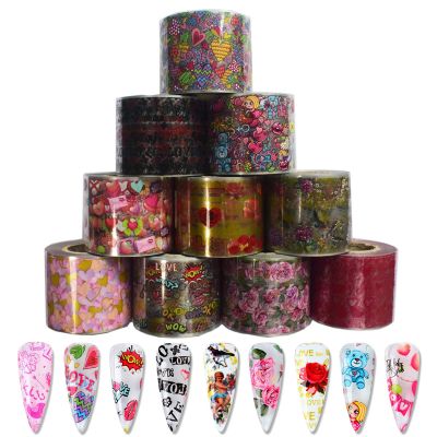 Love Hearts Nail Foil Sheets, 10 Rolls 50m4cm Nail Foils Romantic Valentines Pink Transfer Stickers Nail Art Decals Red Lips Rose Nail Art Supplies Sticker Flowers Pattern For DIY Nail Art Decoration