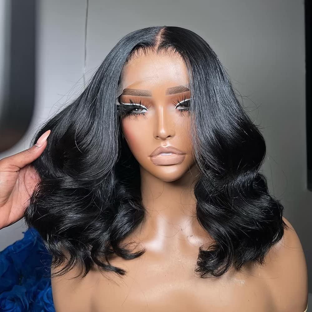 13x4 HD Transparent Body Wave Lace Front Human Hair Wig Glueless Short Bob Wig Brazilian Remy Hair With Baby Hair Pre Plucked Bleached Knots for Black Women 150% Density 14 Inch