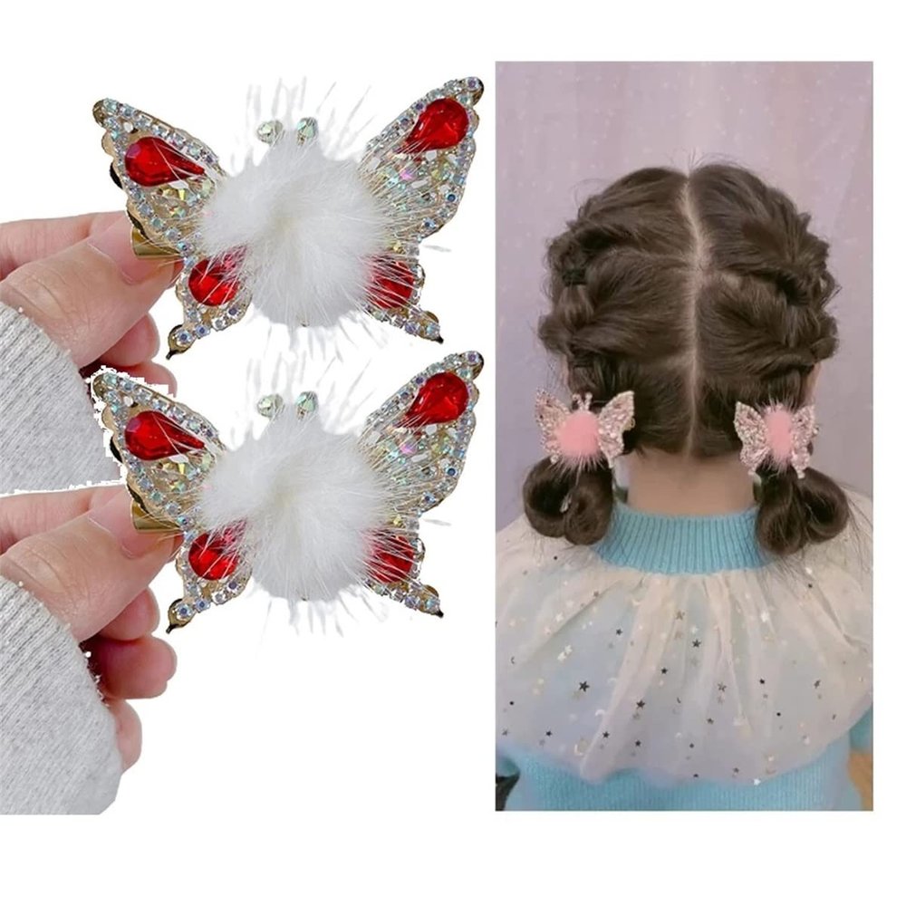 2023 New Glittering Rhinestones Hair Clips with Moving Wings, Alloy Butterfly Hairpin and Clips, Cute Hair Accessories for Girls (C-2PC-White)