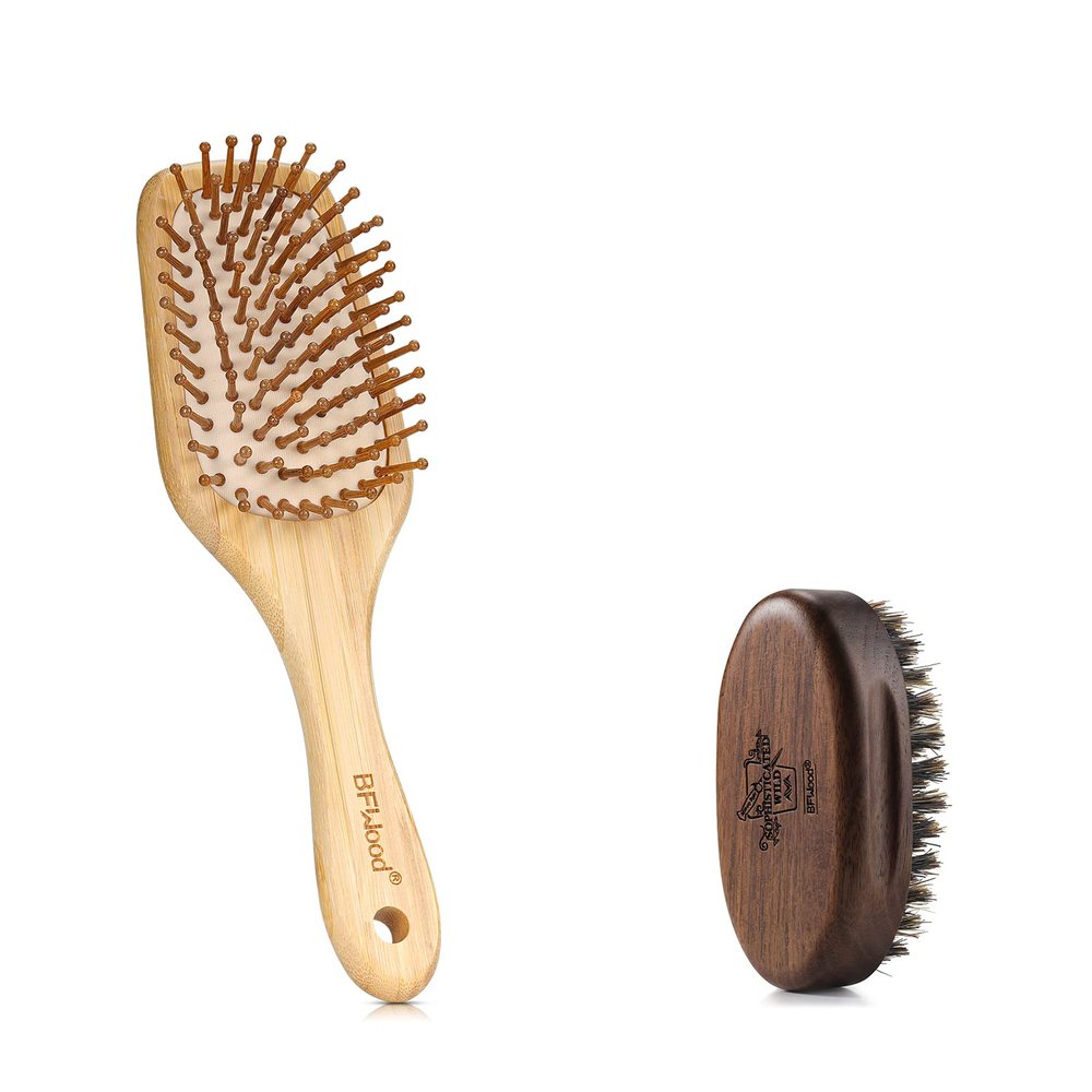 BFWood Bamboo Hair Brush and Small Travel Beard Brush