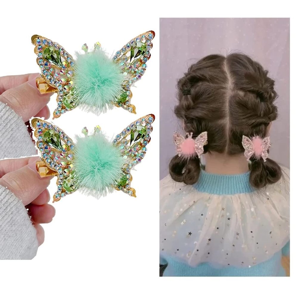 2023 New Alloy Hair Clips with Glittering Rhinestones, Moving Butterfly Wings for Girls - Cute Butterfly Hair Accessories (D-2PC-Green)