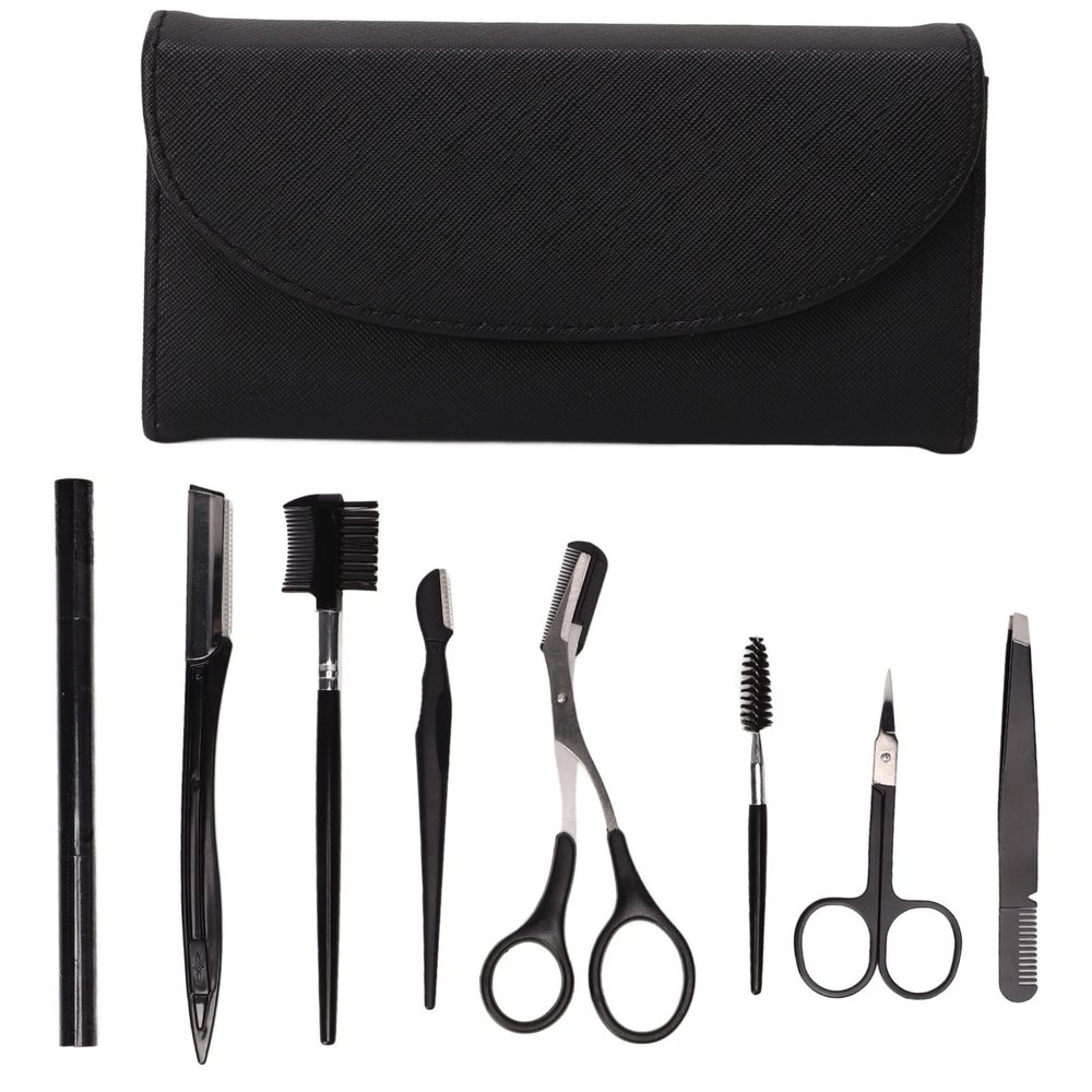 Eyebrow Grooming Kit, Safe to Use Stainless Steel Professional Eyebrow Kit 8 Pcs Strong Durable Black with Storage Bag for Travel