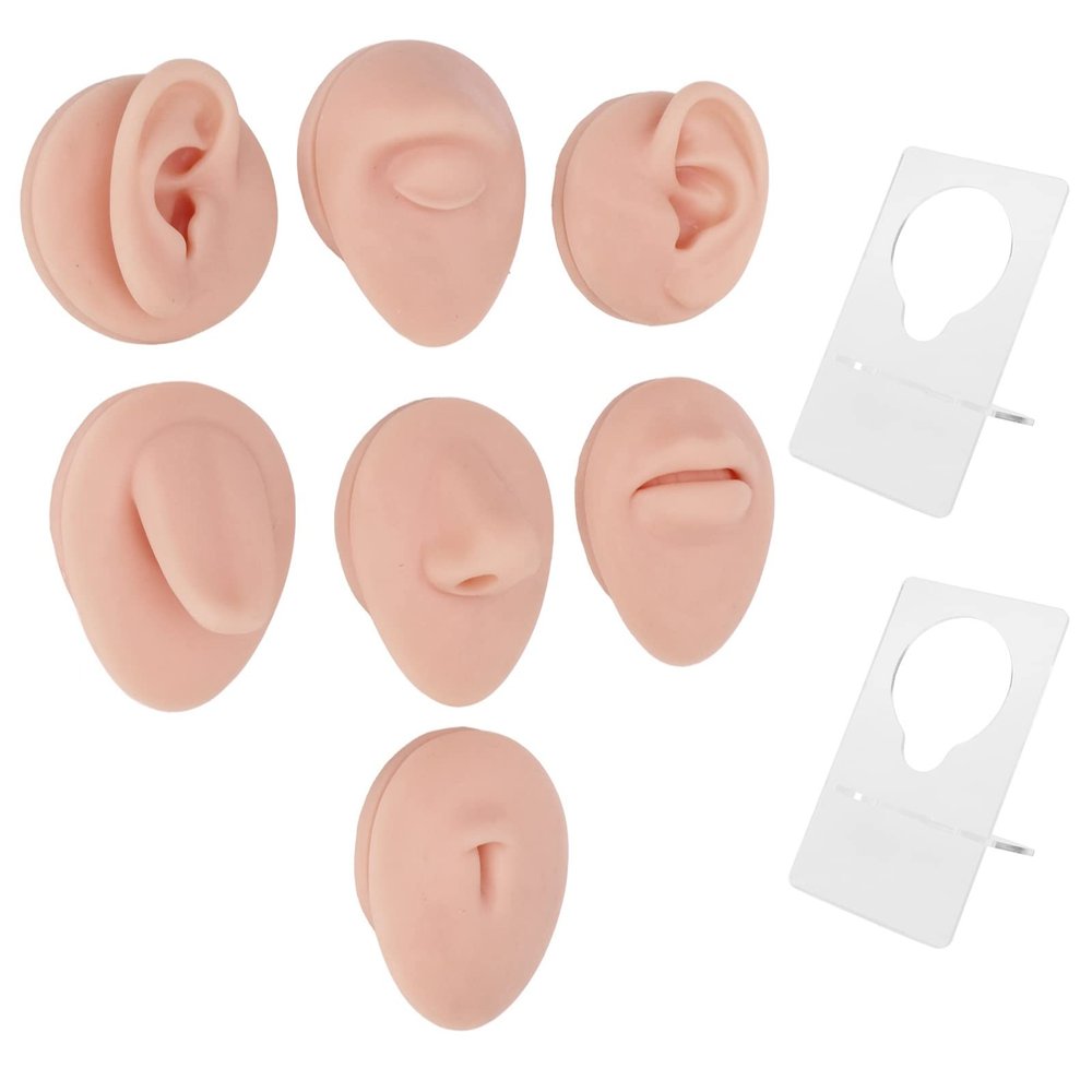 JTLB Body Piercing Kits, Silicone Piercing Body Model Soft Silicone Ear Mouth Nose Eye Tongue Navel Model with Display Rack for Piercing Practice (Medium Skin Color)