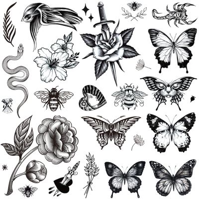 Tazimi 8 Sheets Large Black Tattoos for Women Girls Butterfly Snake Bee Swallow Flowers Scorpion Fake Tattoos Realistic Adult Classic Tattoos