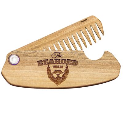 Beard Comb for Men Pocket Folding Combs for Mustache & Hair Travel Natural Wooden Comb with Real Man Engraving - Perfect for Use w/Beard Balm Oil (The Bearded Man)