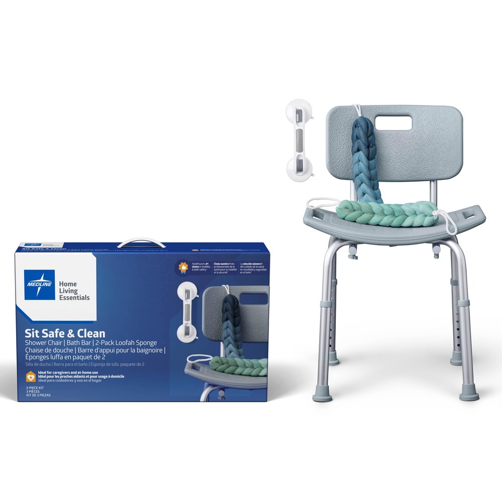 Medline 3-in1 Bath Essentials Kit for Caregivers, Seniors and Adults: Chair, Grab Bar and 2-Pack Loofah for Elderly, Adults, Seniors, Disabled - 1 Ct.