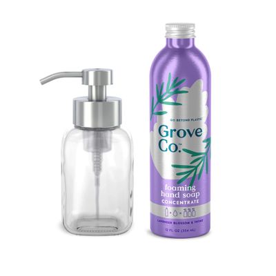 Grove Co. Foaming Hand Soap Concentrate (12 Fl Oz) + Reusable Glass Soap Dispenser, Plastic-Free Liquid Refillable Starter Kit, Natural Lavender Blossom & Thyme Fragrance