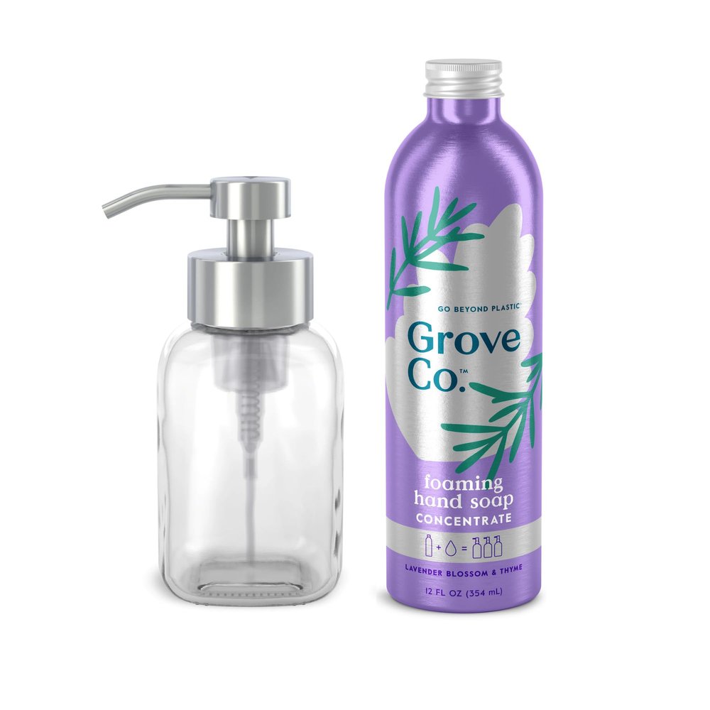 Grove Co. Foaming Hand Soap Concentrate (12 Fl Oz) + Reusable Glass Soap Dispenser, Plastic-Free Liquid Refillable Starter Kit, Natural Lavender Blossom & Thyme Fragrance