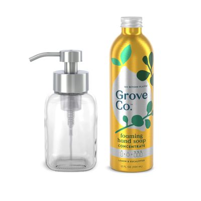 Grove Co. Foaming Hand Soap Concentrate (12 Fl Oz) + Reusable Glass Soap Dispenser, Plastic-Free Liquid Refillable Starter Kit, Natural Lemon & Eucalyptus Fragrance