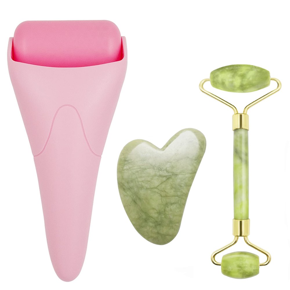 Chikoni 3 in 1 Ficial Face Ice Jade Roller and Gua Sha Tool, Natural Real Jade Anti-Wrinkle Face Eye Neck Massager Tool, Reduce Wrinkles, Puffiness, Migraine, Redness, Pain and InjuryPink