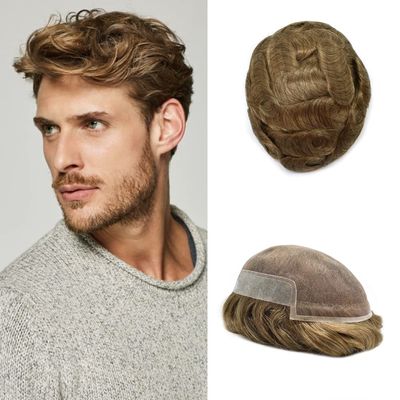 Hair Piece for Men Toupee Human Hair Replacement System Swiss Lace Front Toupee for Men Poly Skin Behind Hairpiece Natural Bang 8x10 inch 17R# BROWN/BLONDE MIX WARM TONE 120% density