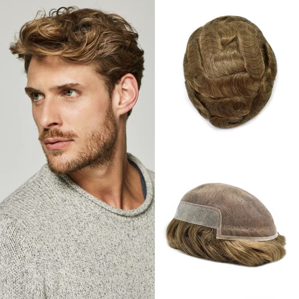 Hair Piece for Men Toupee Human Hair Replacement System Swiss Lace Front Toupee for Men Poly Skin Behind Hairpiece Natural Bang 8x10 inch 17R# BROWN/BLONDE MIX WARM TONE 120% density