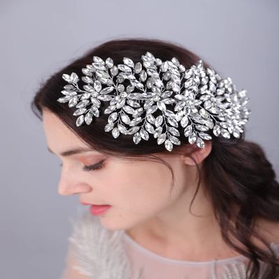 Teyglen Full Rhinestones Flower Luxurious Headband with Dainty Silver Crystals Bridal Side Hair Accessories for Women and Girls (Silver)