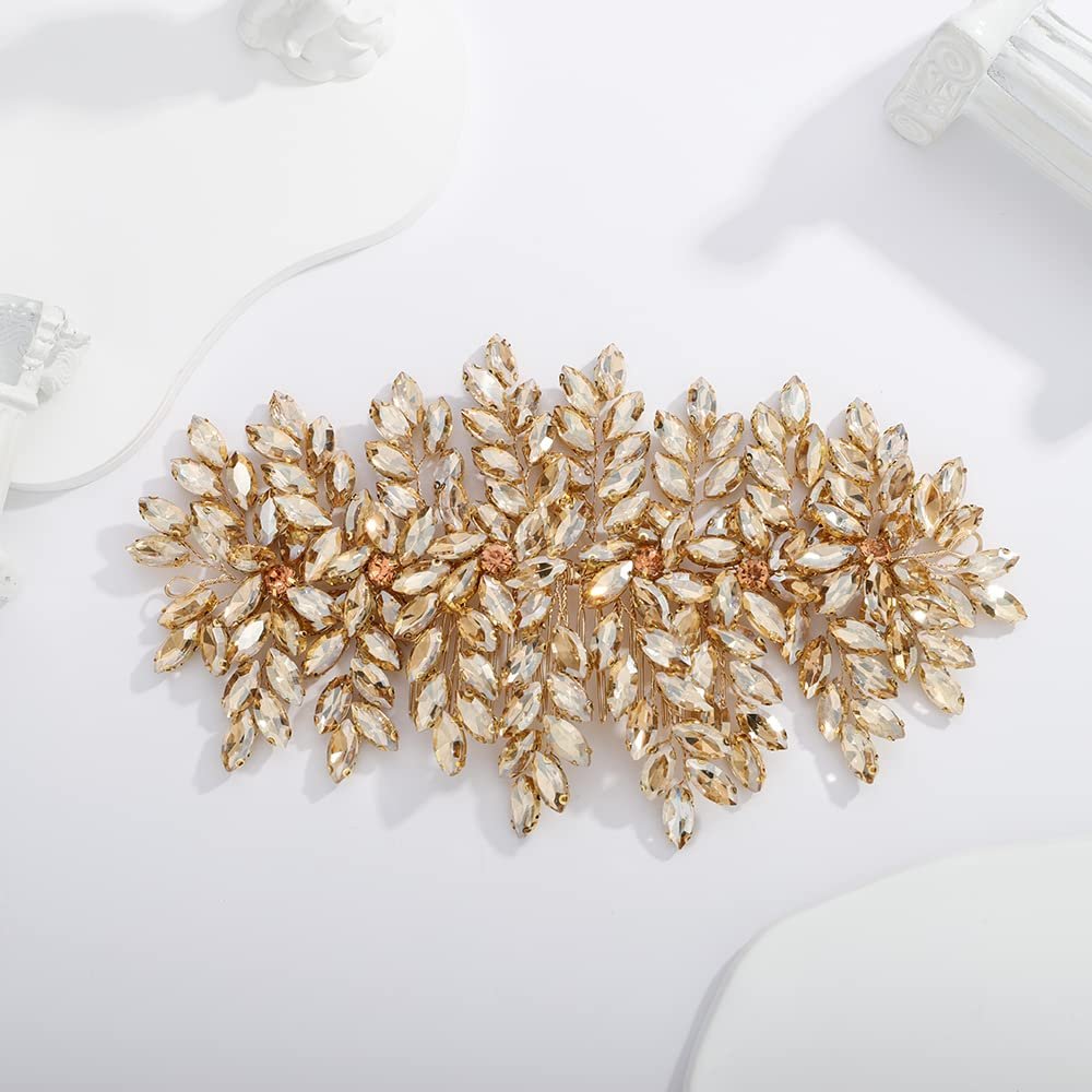 Teyglen Large Full Rhinestones Flower Bride Wedding Hair Comb Headband Luxurious Hair Accessories Dainty Crystals Bridal Side Hair Combs for Women Bride Girls (Champagne)