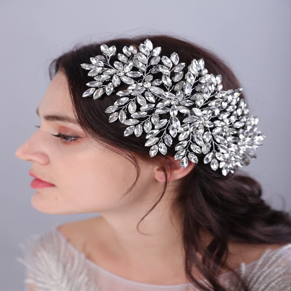 Teyglen Large Full Colorful Rhinestones Hair Comb for Wedding Bride Women Girls, 22 * 12cm/8.66 *4.72 inches, Alloy+Rhinestones+Crystal, Hair Accessories, Bridal Hair Piece